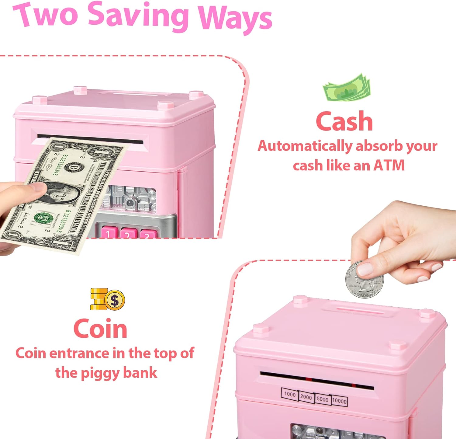 MAGIBX Piggy Bank Toys for 5 6 7 8 9 10 Year Old Girl Gifts, Money Saving Box for Teen Toys Age 6-8-10-12, Christmas Birthday Gifts, Stuff ATM Machine for Kids 5-7, Pink - Image 4